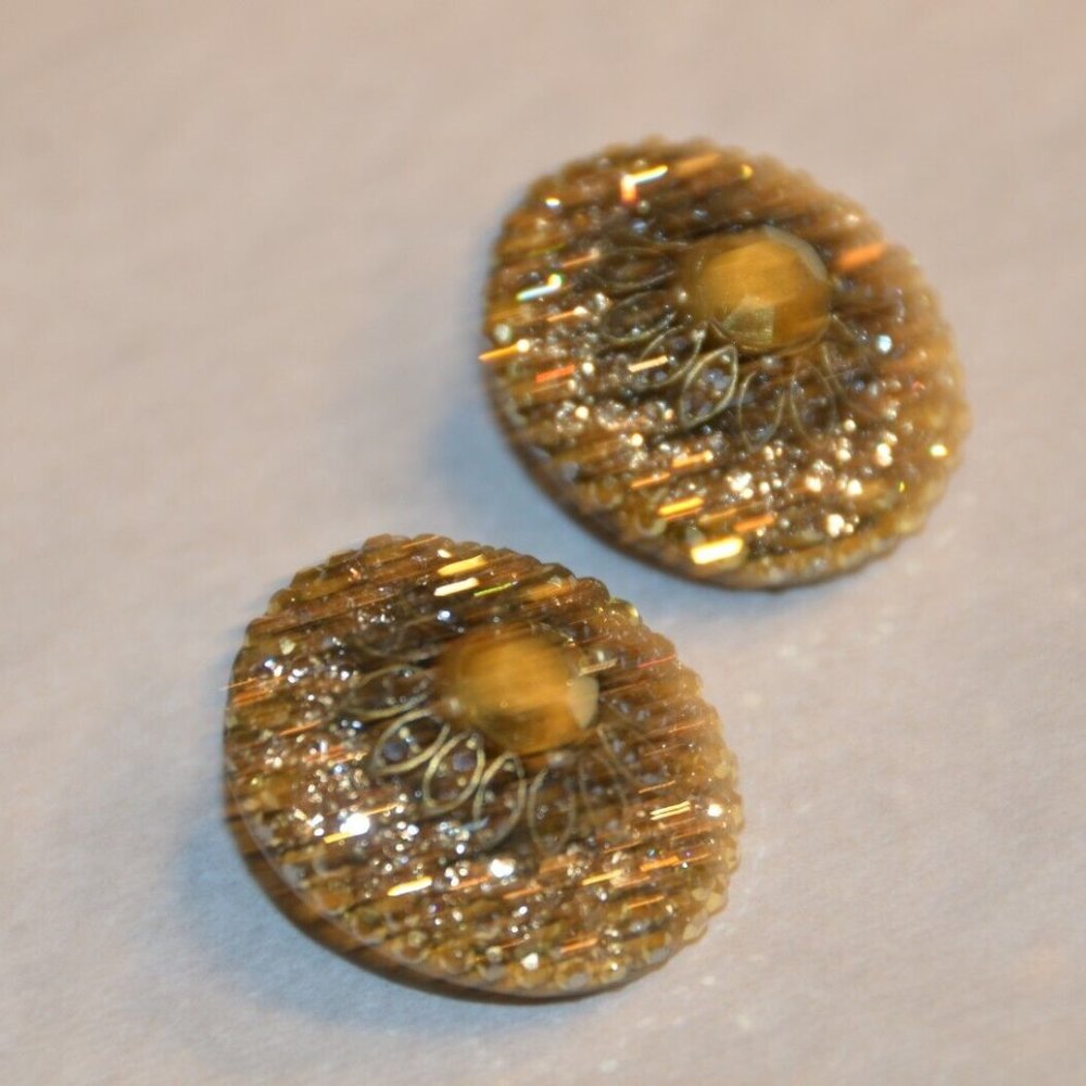 EVENING STATEMENT HOLIDAY JOSE & MARIA BARRERA BROWN GOLD OVAL CRYSTAL EARRINGS - Picture 4 of 10